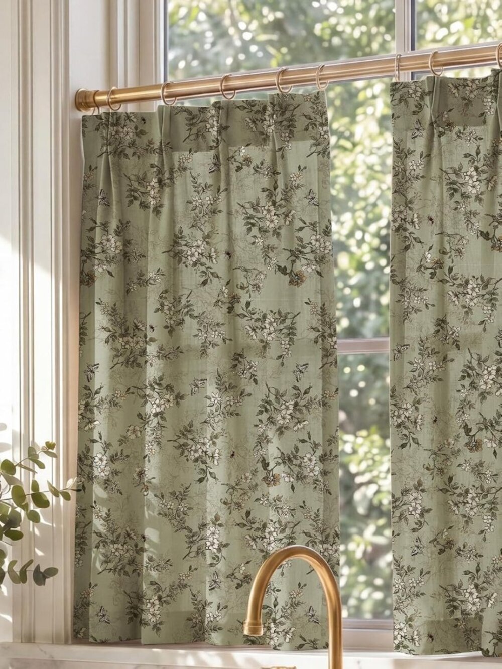 Sage Green Floral Linen Cafe Curtains, 26x36 Inches, Elegant Window Drapes